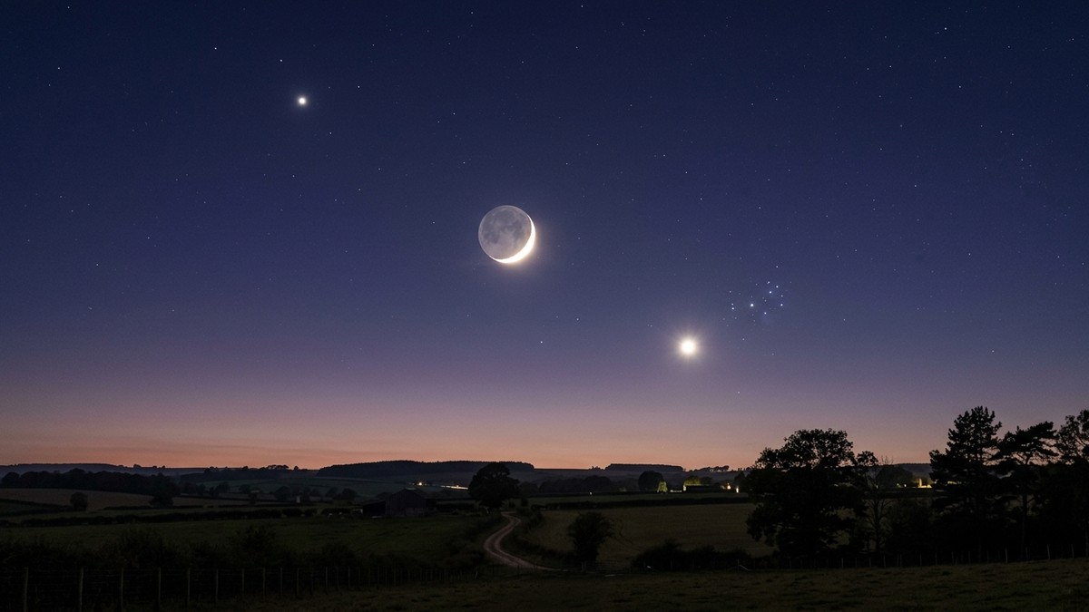 Crescent Moon with earthshine between Venus and Jupiter in the western evening sky