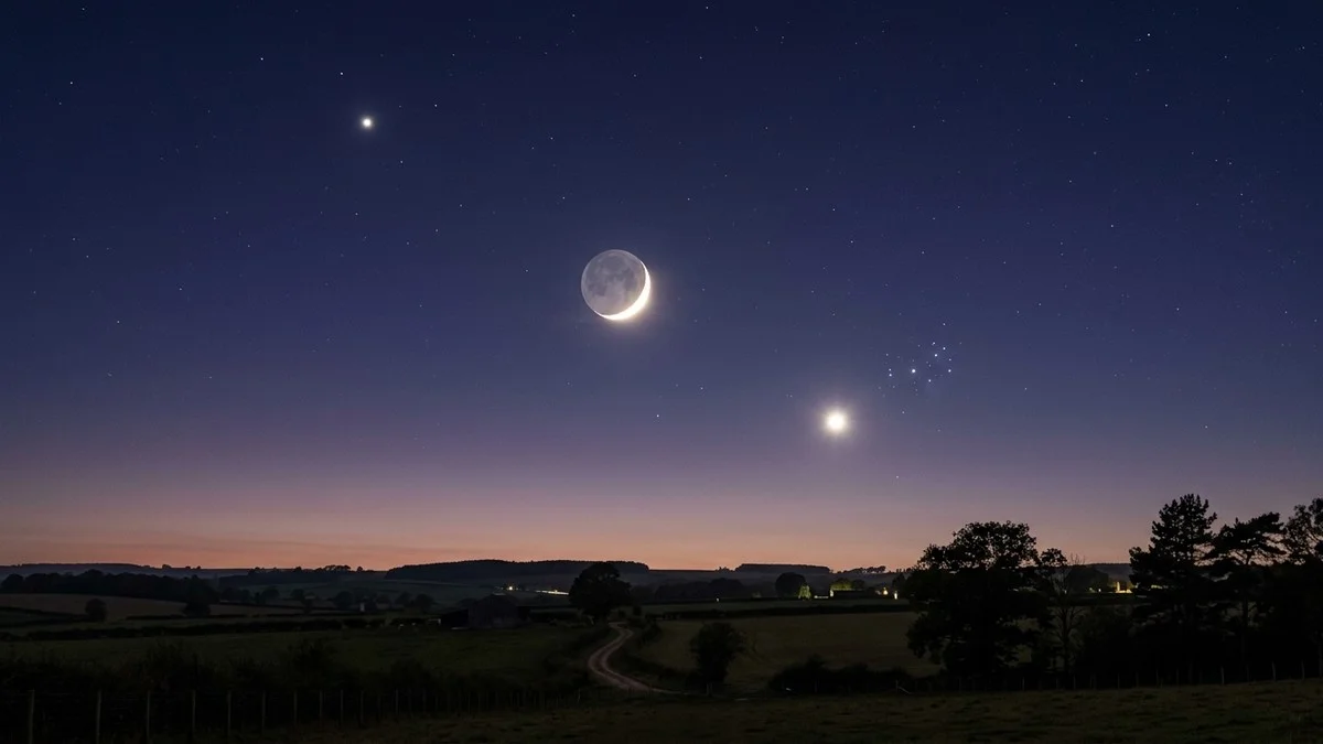 Crescent Moon with earthshine between Venus and Jupiter in the western evening sky