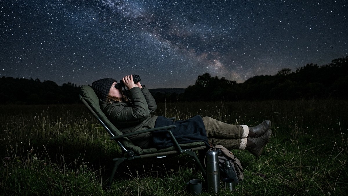 Stargazer lying back in a garden chair with binoculars watching a meteor shower