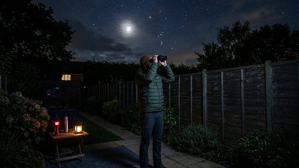Person stargazing with binoculars in a garden under a moonlit sky