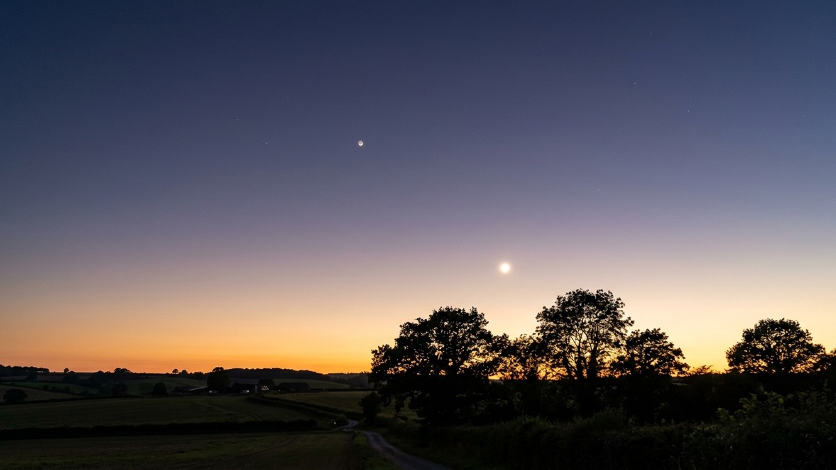 Two bright planets visible in a twilight sky above British countryside trees