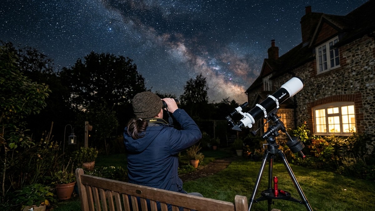 A person stargazing from a British garden at night with binoculars and a telescope
