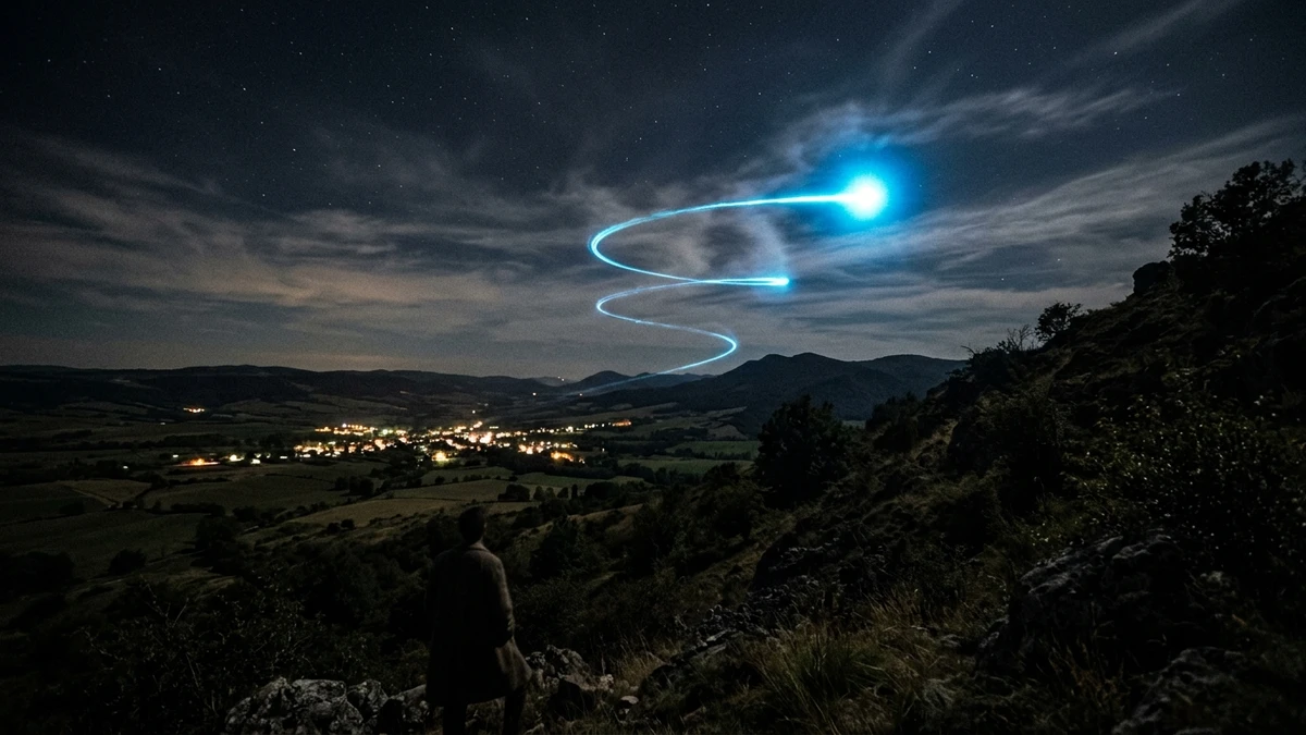 Illustration of a glowing object descending in a corkscrew spiral over a dark valley at night, radiating intense blue light