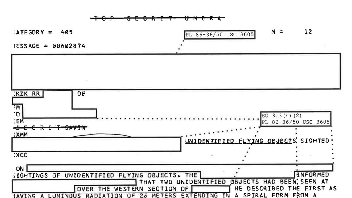 The header of NSA message 00602874: a struck-through TOP SECRET UMBRA line, CATEGORY = 405, MESSAGE = 00602874, and the underlined subject Unidentified Flying Objects Sighted, with redaction boxes over the sender and recipient
