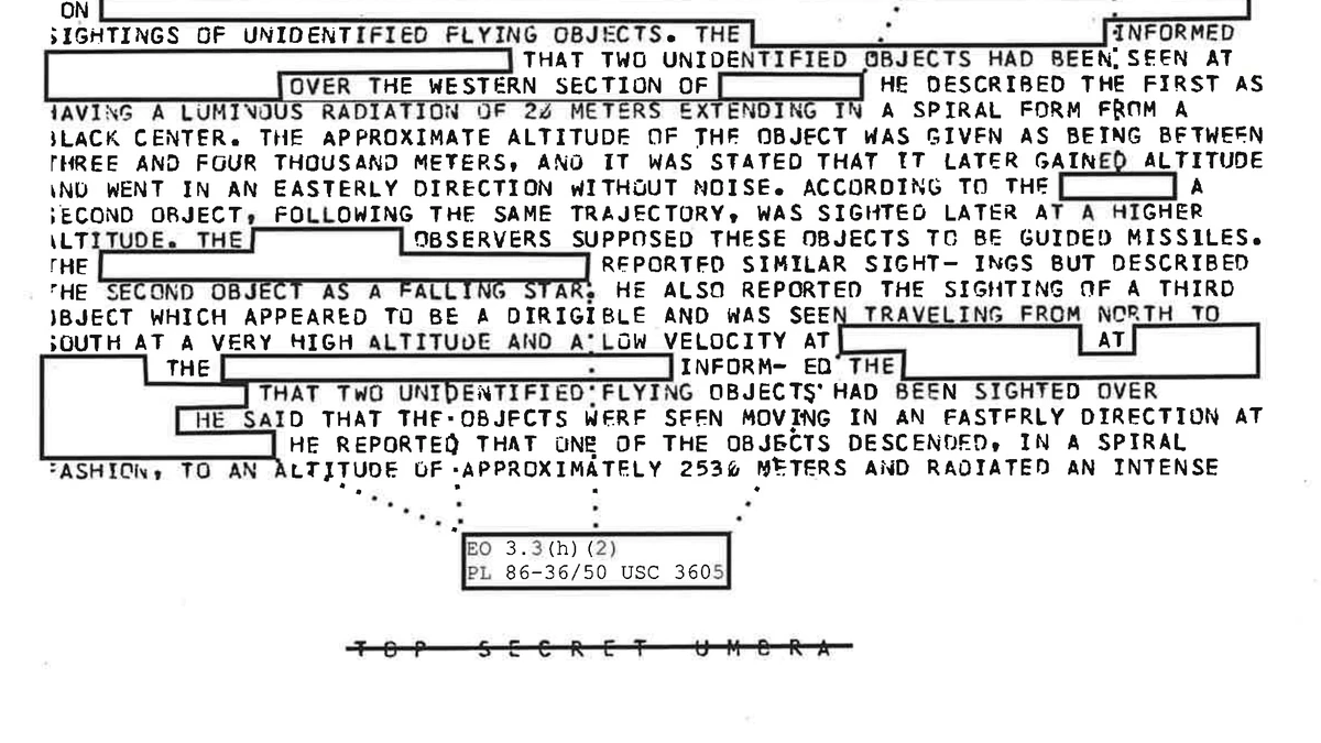 The main paragraph of page 322 of the NSA UFO files, describing a luminous radiation of 20 metres extending in a spiral form from a black centre at three to four thousand metres