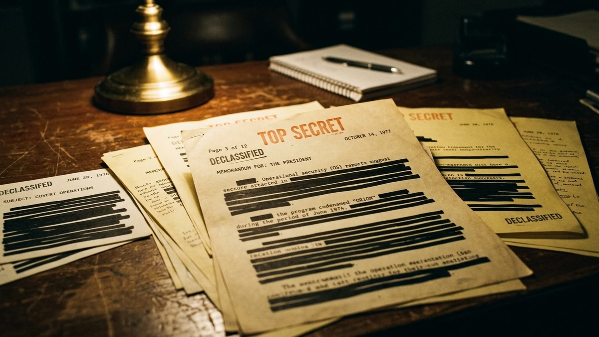 Declassified government documents with heavy black redaction bars, illuminated under a desk lamp, with the words TOP SECRET visible at the top of one page