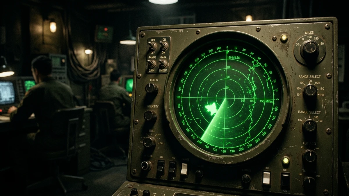 A vintage Cold War-era radar screen with a circular sweep showing an unidentified blip, bathed in green light