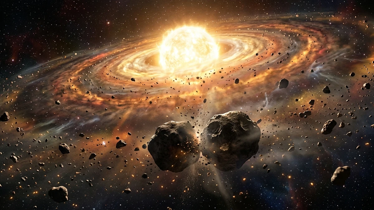 The young solar system with rocky fragments and dust orbiting the early Sun, the raw material that built the inner planets