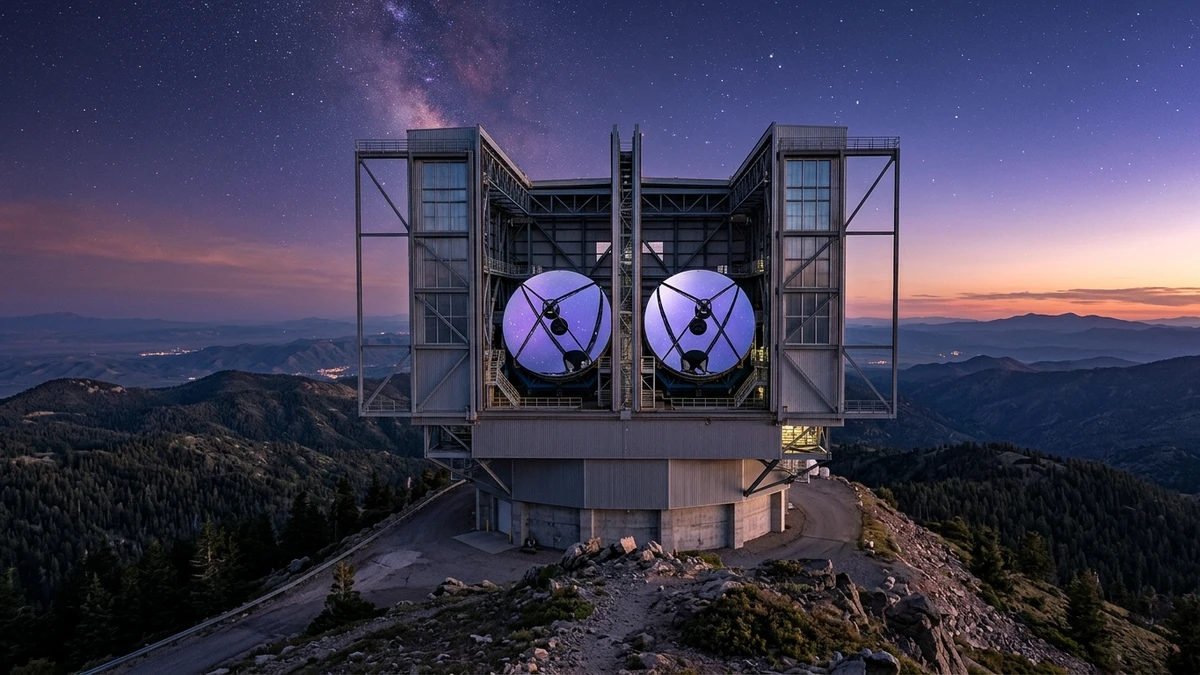The twin mirrors of the Large Binocular Telescope open to the night sky on Mount Graham in Arizona