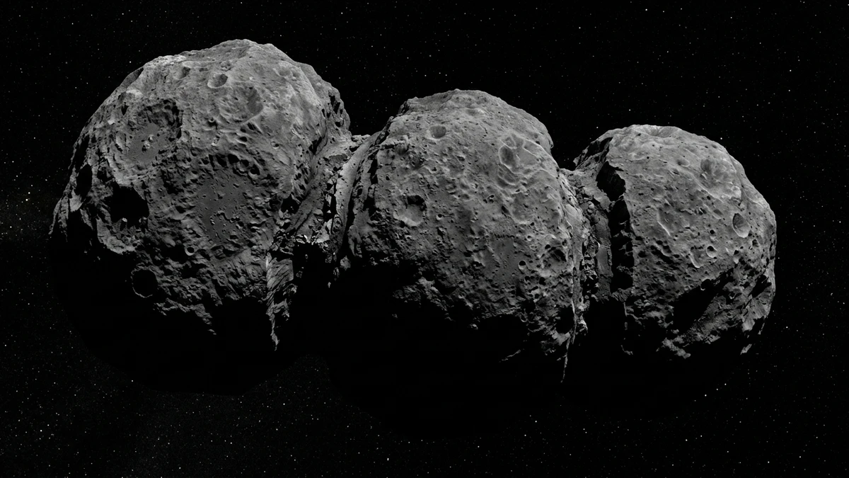 Close view of asteroid Nysa's three connected lobes with two deep neck-like valleys wrapping around its circumference