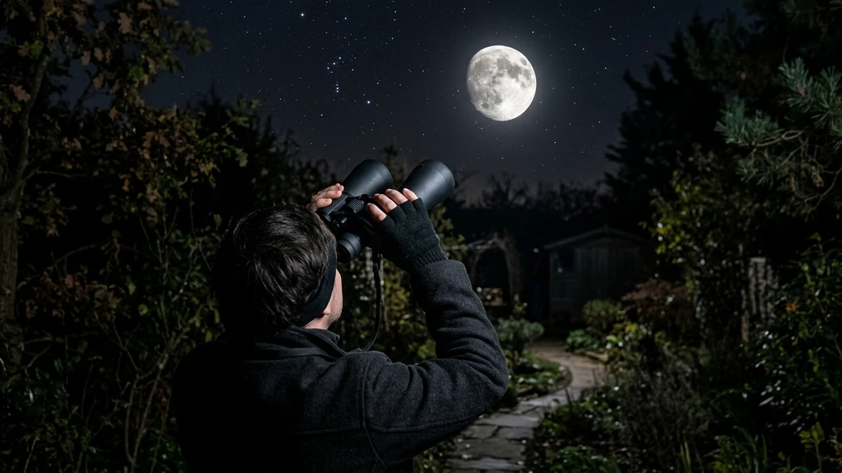 A stargazer holding 10x50 binoculars up towards a bright gibbous Moon in a dark sky
