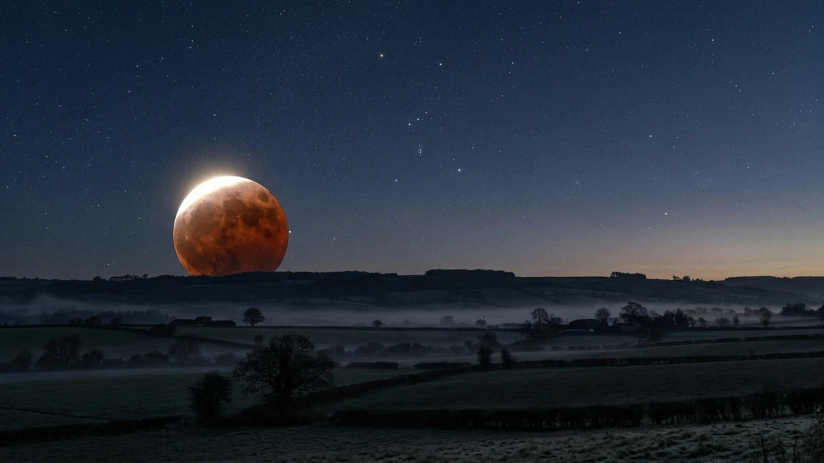 A deeply eclipsed Moon glowing copper-red low over misty fields before dawn, with a bright sliver remaining on its upper edge