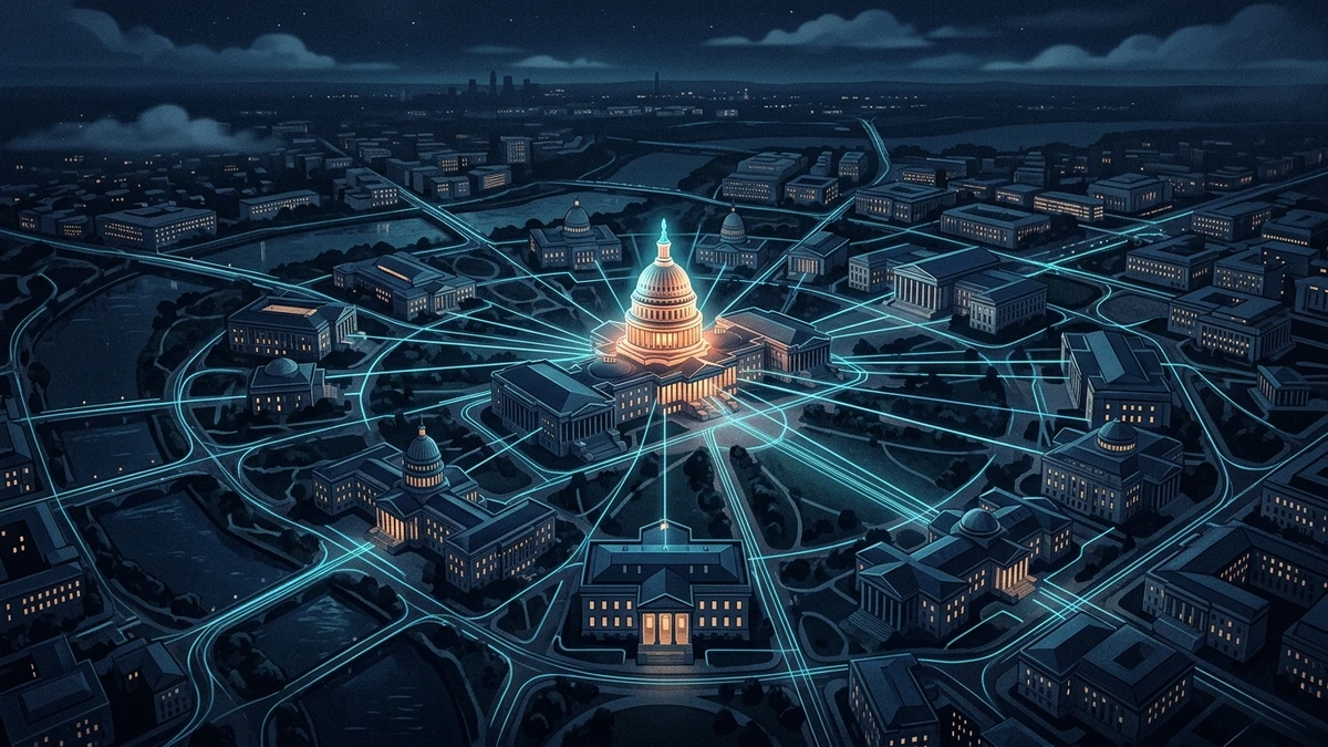 A stylised network diagram of US intelligence agency buildings connected by lines to a central task force, representing PURSUE designees across 18 agencies