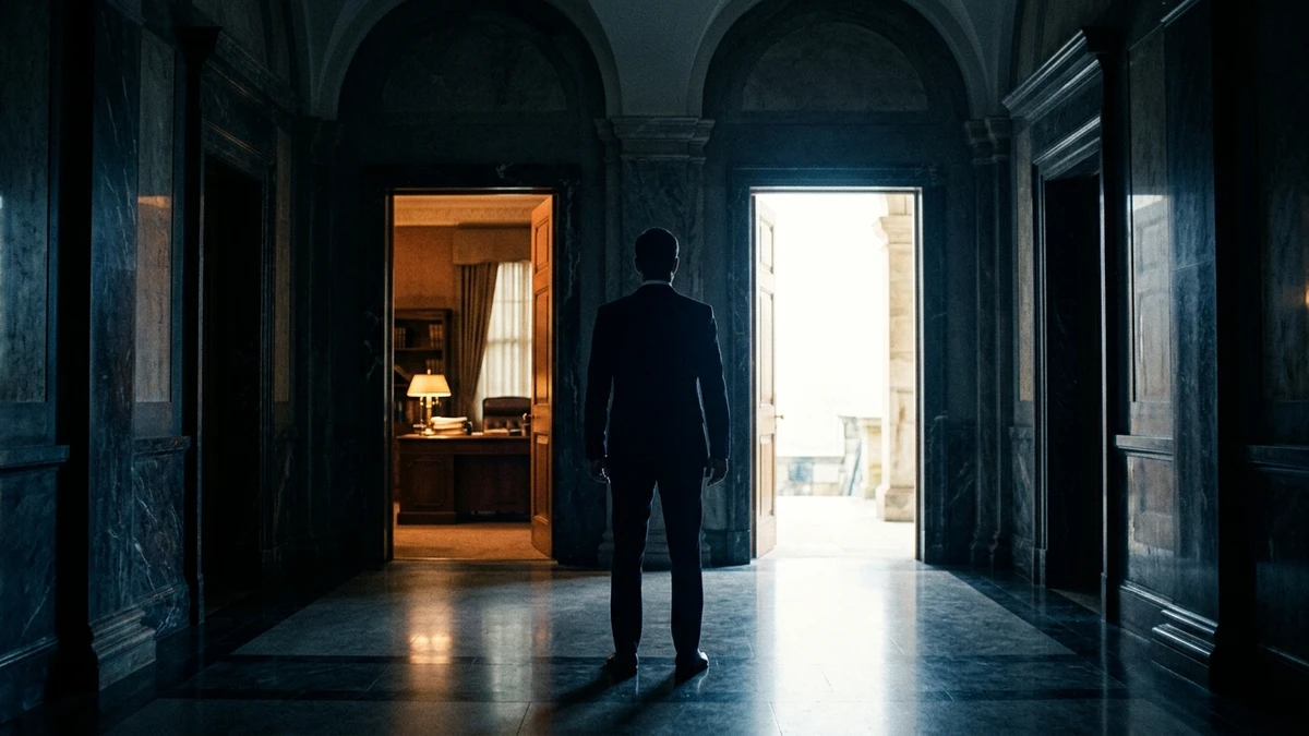 A silhouetted figure at a crossroads between an official government doorway and a public podium, representing the choice facing UAP witnesses