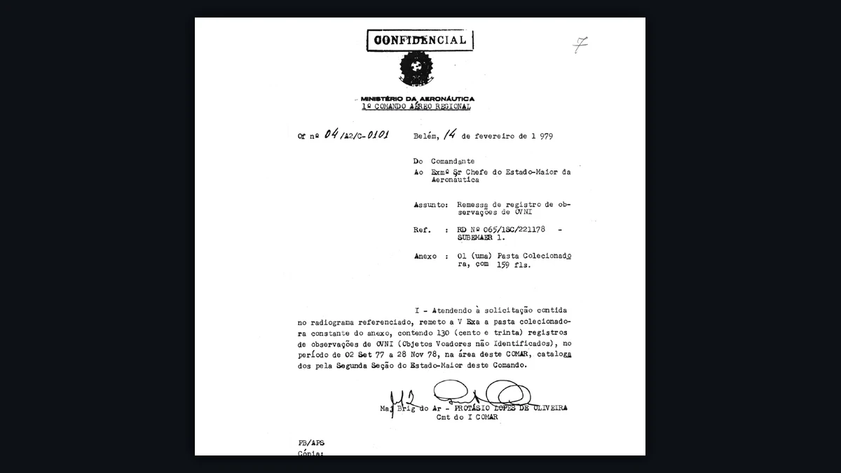Confidential 1979 letter from Brigadier Protásio Lopes de Oliveira forwarding 130 UFO observation records to the Chief of the Brazilian Air Force General Staff
