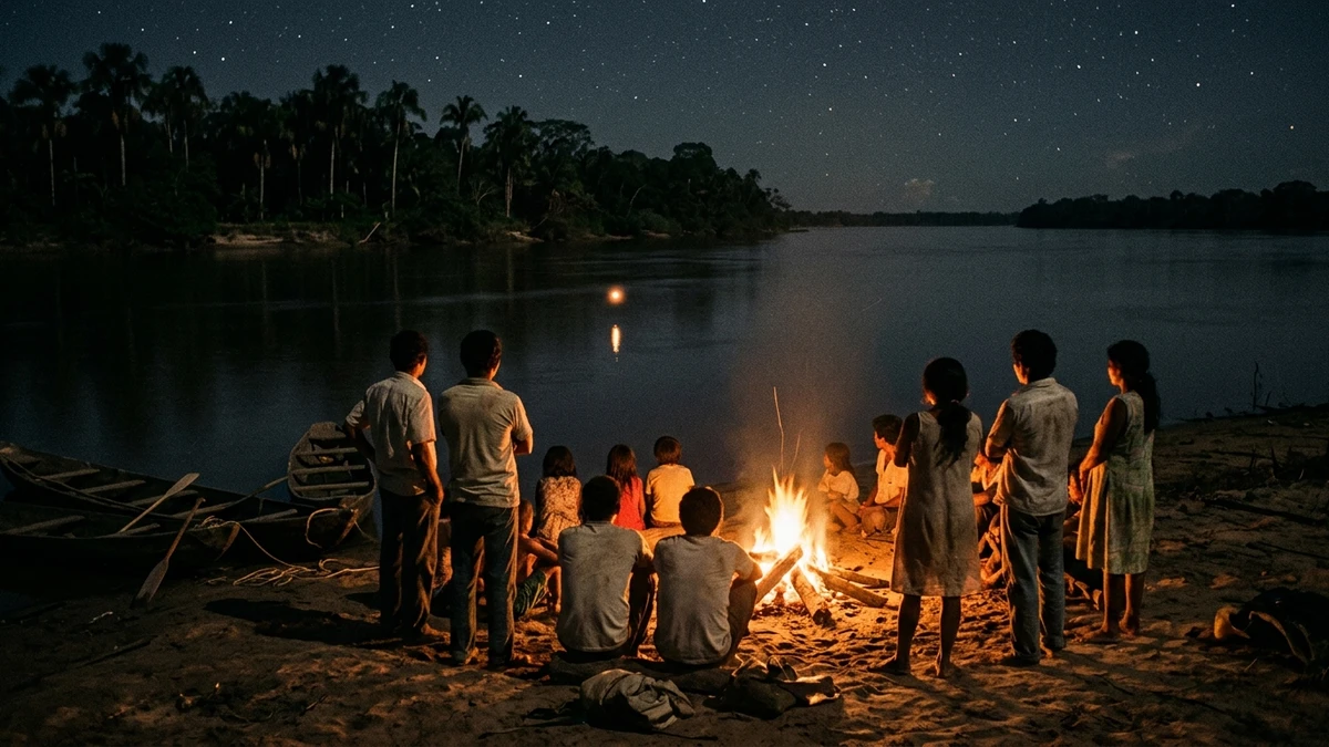 Villagers gathered around a bonfire on a dark Amazon riverbank at night, watching a distant light low over the water