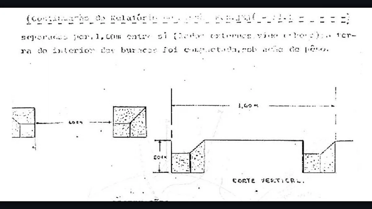 Technical cross-section diagram of two ground holes found at Fazenda Jeju, drawn in the Brazilian Air Force agent report of December 1977