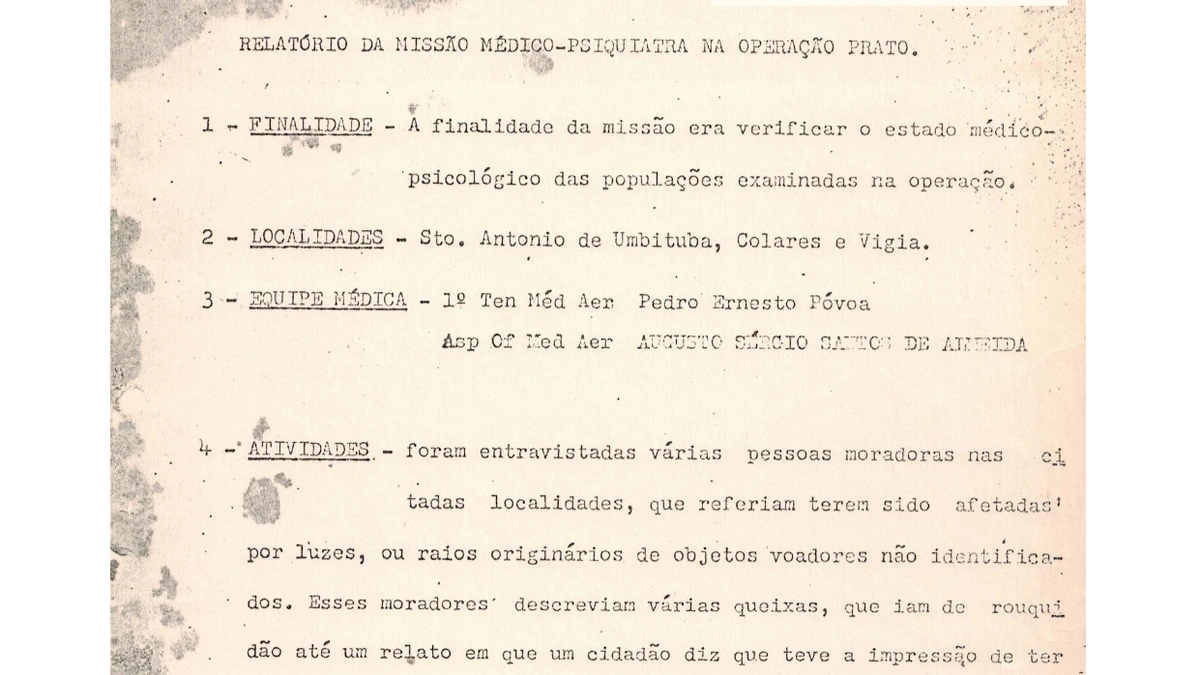 First page of the typed Operação Prato medical-psychiatric mission report, in Portuguese, listing purpose, localities, medical team and activities