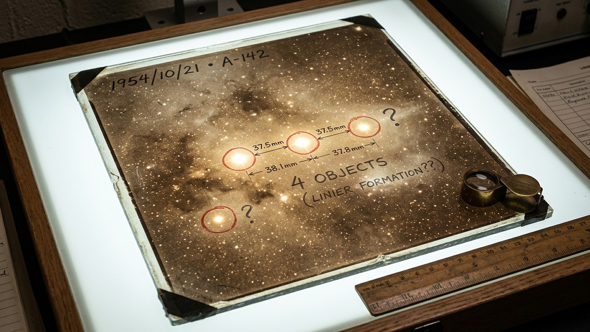 A 1950s astronomical glass photographic plate on a light table showing a dense star field with four anomalous bright points circled in red, three of them in a near-perfect alignment, with handwritten scientific annotations