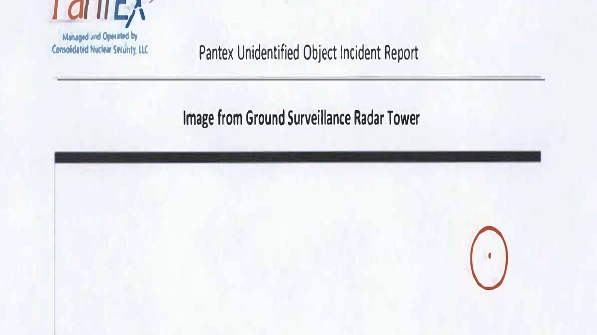 Declassified Pantex Unidentified Object Incident Report page 5 — ground surveillance radar tower image with unidentified object contact circled in red, upper right quadrant. U.S. Department of Energy, released 2026.