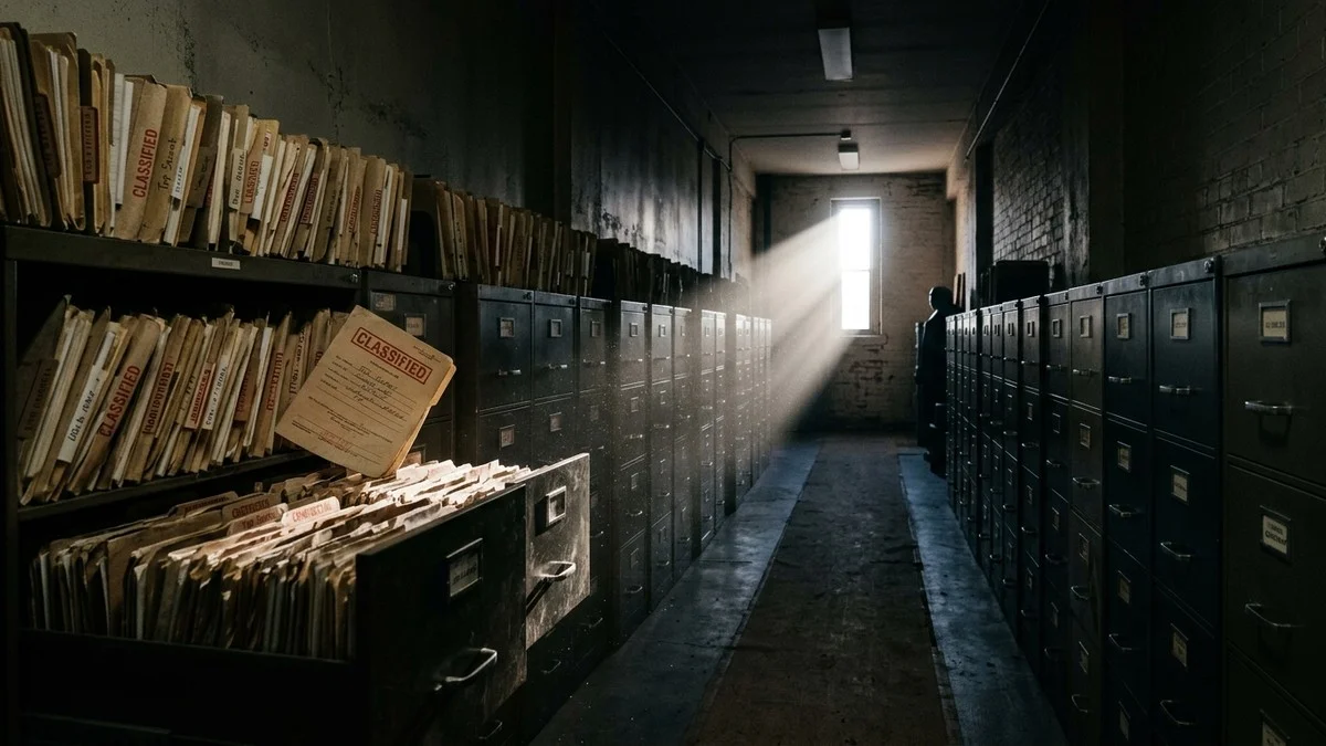 A dark corridor with classified file cabinets and a beam of light breaking through, symbolising the promise of UAP information release