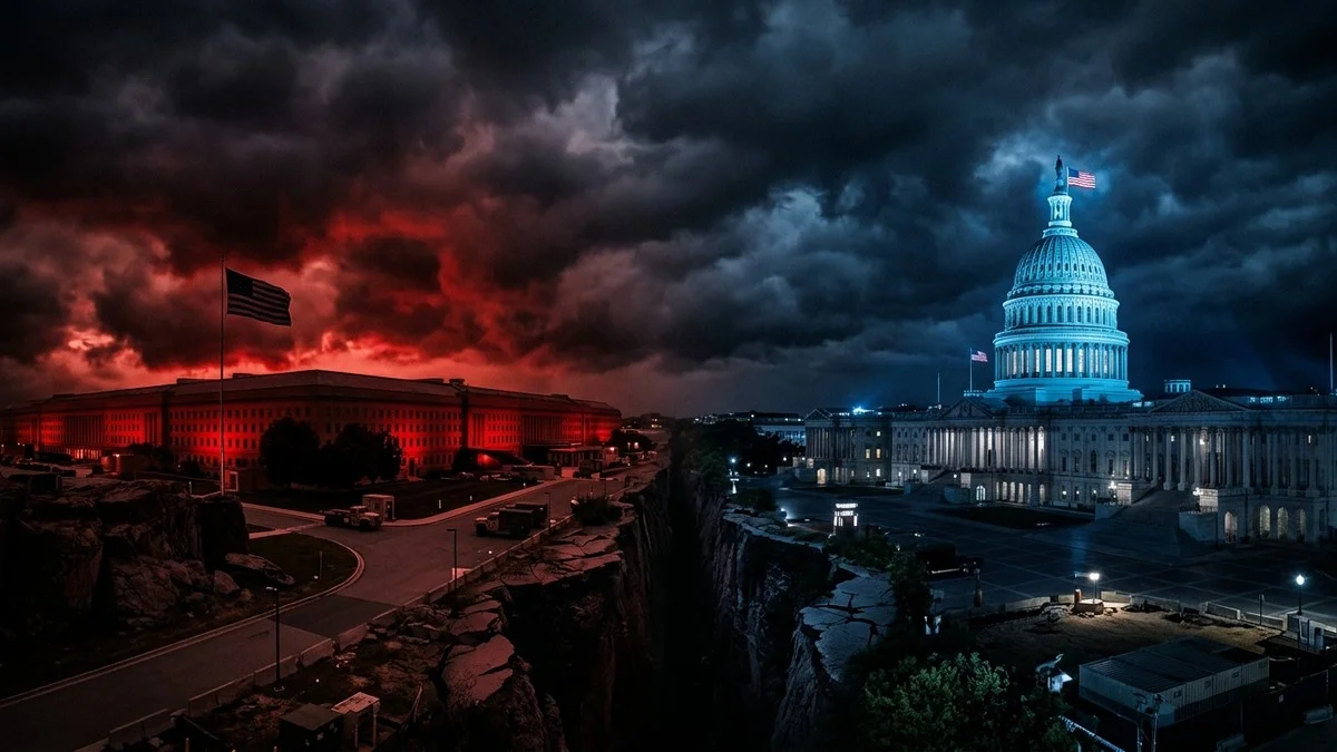 Split image showing the Pentagon building and the US Capitol facing each other, symbolising the standoff between Congress and the Defence Department