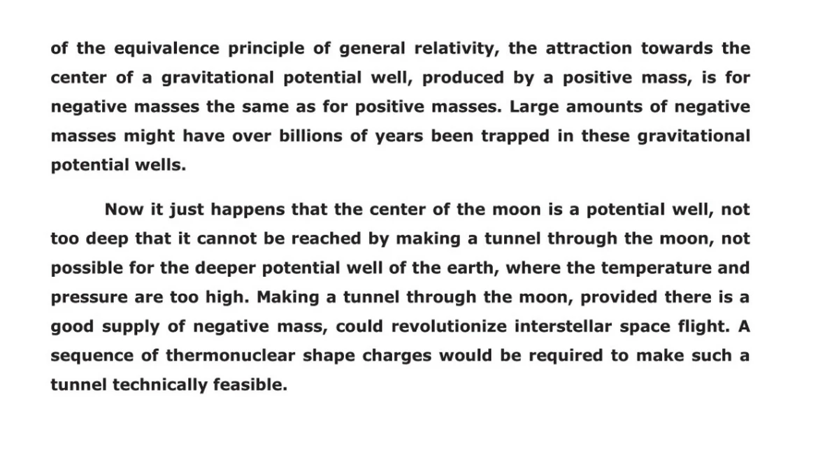 Summary page of the DIA negative mass propulsion paper, proposing a tunnel through the Moon made with a sequence of thermonuclear shape charges to mine negative mass