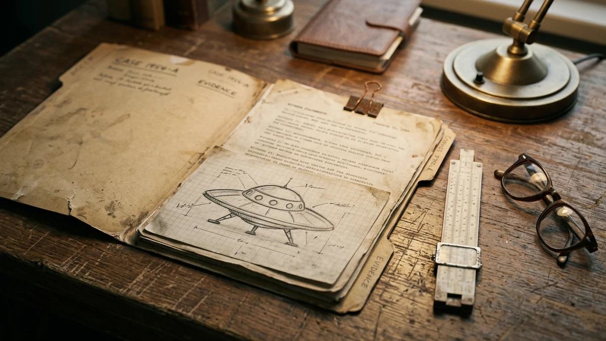 A weathered manila case file marked with a 1950s date lies open on a desk beside a slide rule and a pair of reading glasses, with typed witness statements and a hand-drawn sketch of a disc