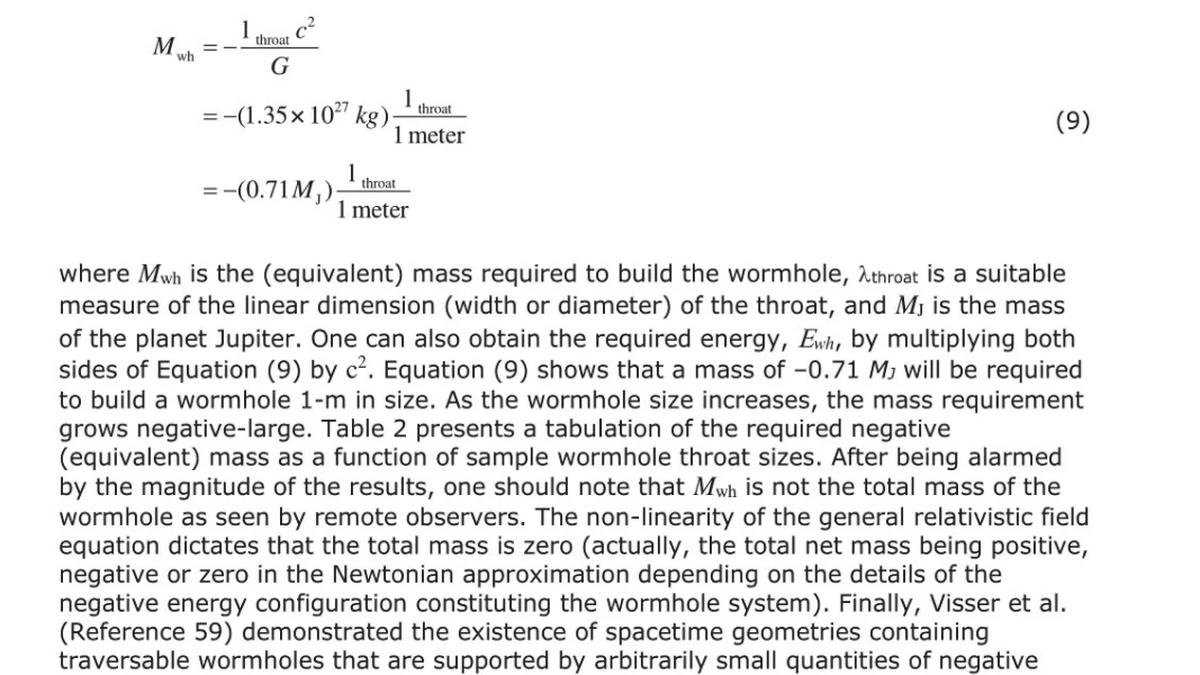 Equation 9 of the DIA wormhole paper, showing the negative mass needed to build a wormhole as minus 0.71 Jupiter masses per metre of throat, with the text explaining it