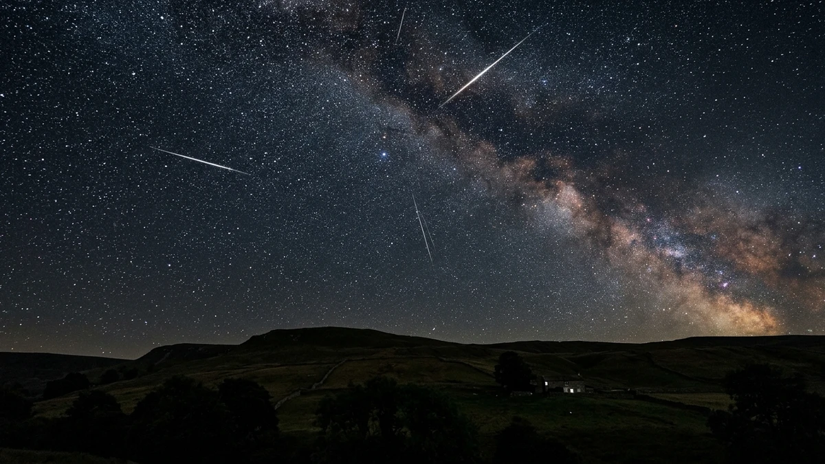 A moonless dark sky filled with stars and several Perseid meteors above a silhouetted UK hillside
