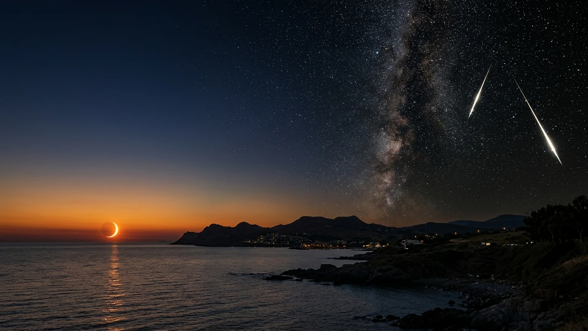 A deep partial solar eclipse low over the sea at dusk on the left, and Perseid meteors in a dark starry sky on the right