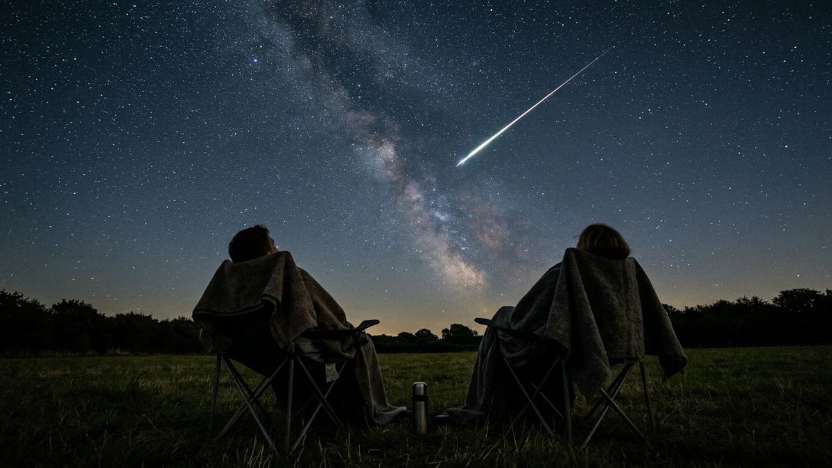 Two people reclining in camping chairs in a dark field, looking up at a starry sky as a Perseid meteor streaks overhead