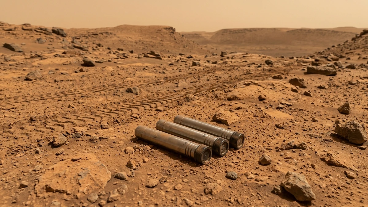 Sealed titanium sample tubes resting on the rust-coloured surface of Jezero Crater on Mars