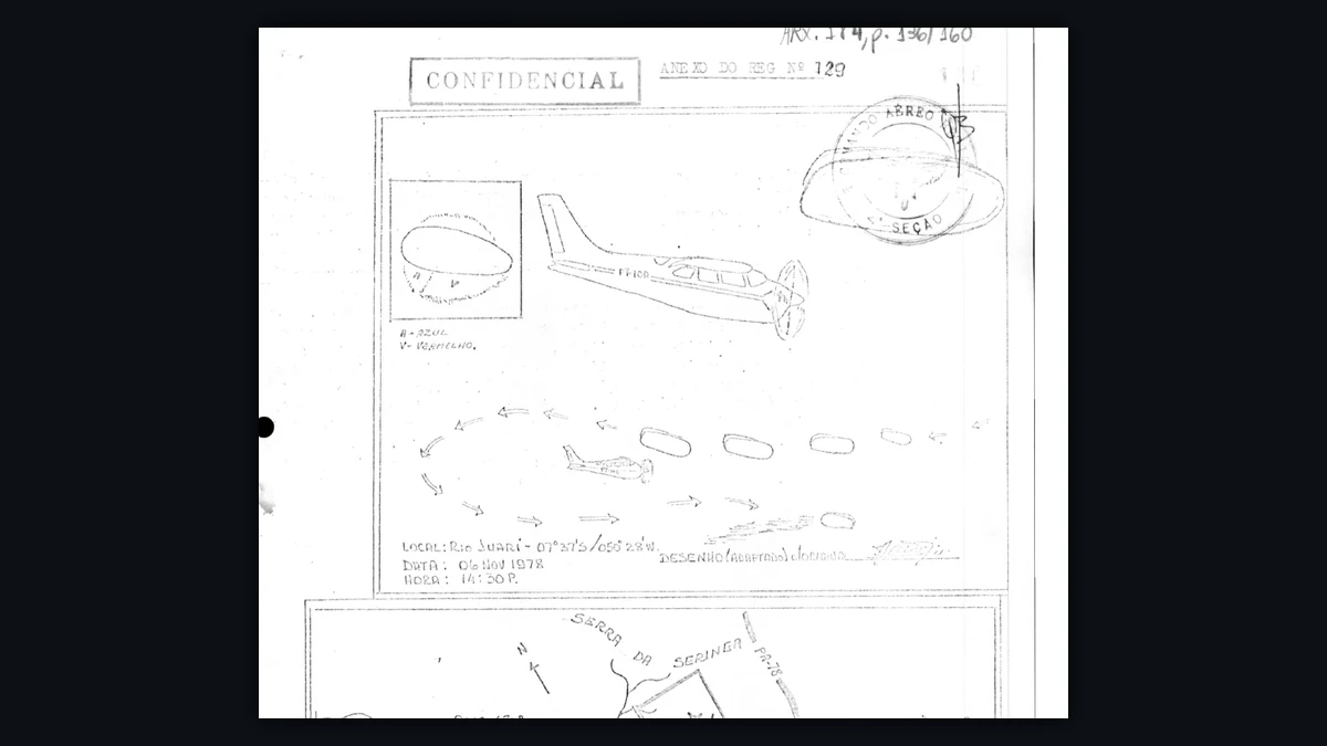 Brazilian Air Force record sketch of the November 1978 Cessna 210 encounter, showing the aircraft, the object's path and a route map
