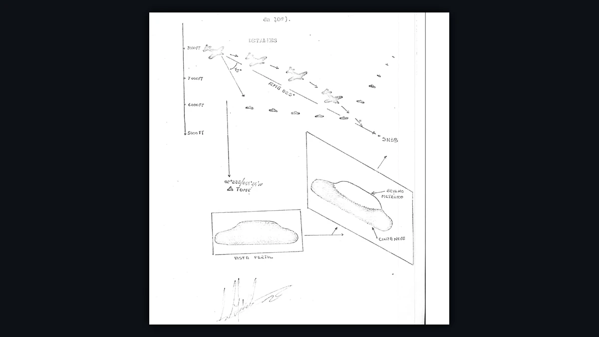 Pilot's altitude diagram and profile drawings of the metallic oval object from the November 1978 Tomé-Açu encounter, Brazilian Air Force record 130