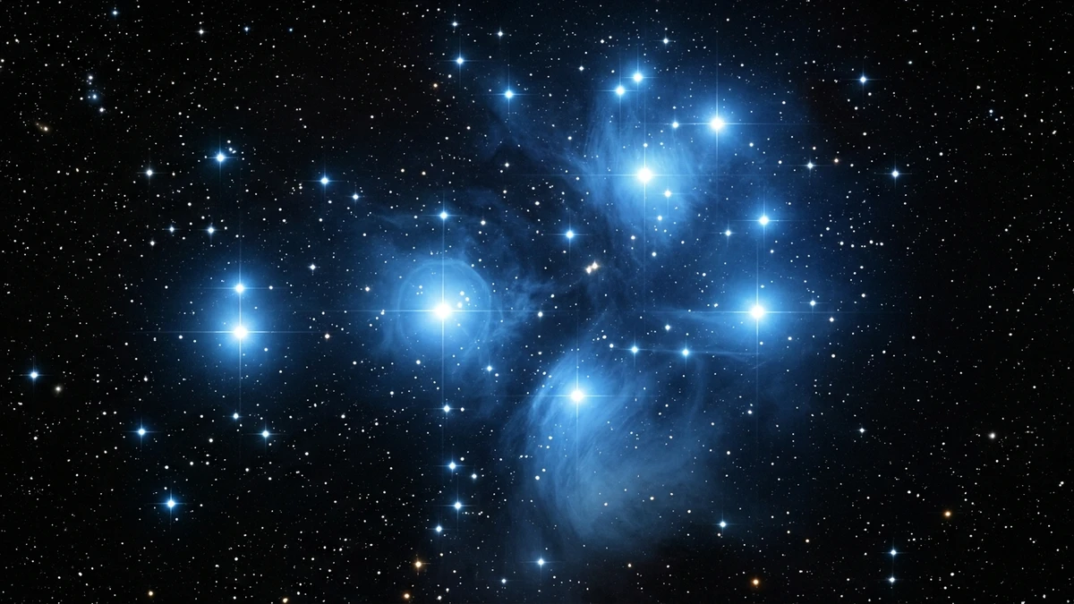 Close-up of the Pleiades star cluster showing bright blue-white stars surrounded by faint blue nebulosity