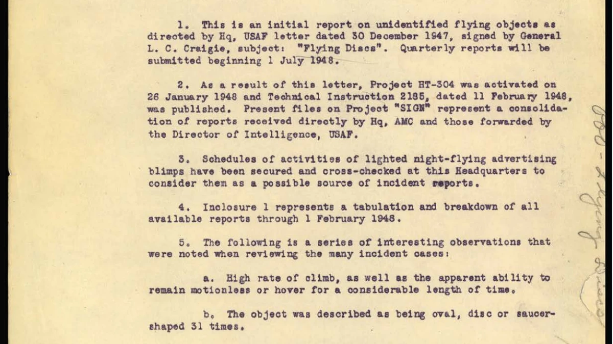 Typed 1948 Air Materiel Command letter, paragraphs 1 to 5, describing Project Sign's activation, advertising blimp schedules and the object described as oval, disc or saucer-shaped 31 times