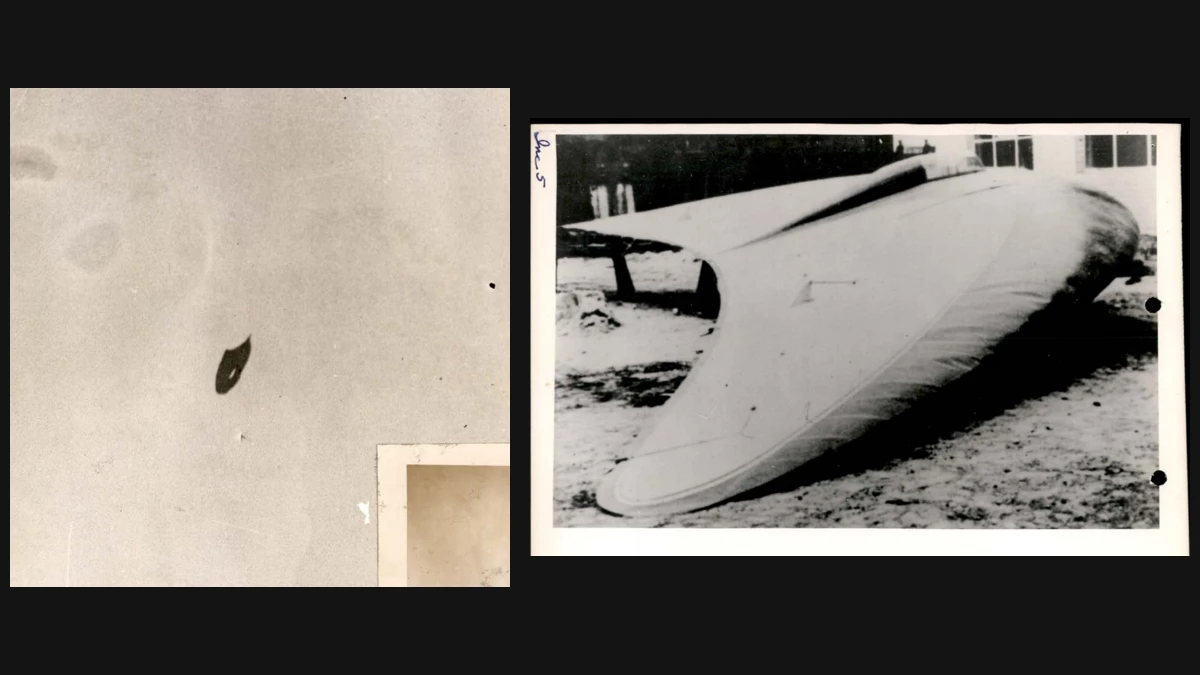 Left, a 1947 enlargement of a dark heel-shaped object against a grey sky from the Rhodes photographs; right, a photo of the Horten Parabola, a white crescent-shaped German flying wing glider, on the ground