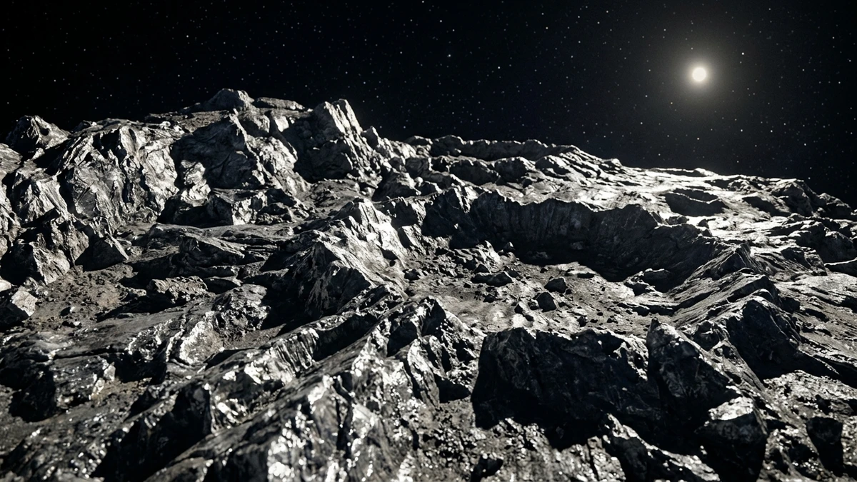 Artist's impression of asteroid 16 Psyche's metallic surface, showing jagged iron-nickel terrain and craters