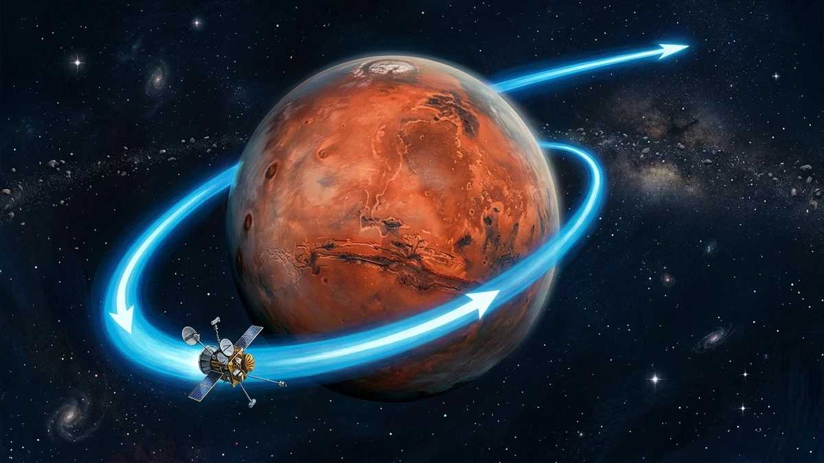 Illustration of Psyche's gravity assist trajectory around Mars, showing the curved flight path toward the asteroid belt