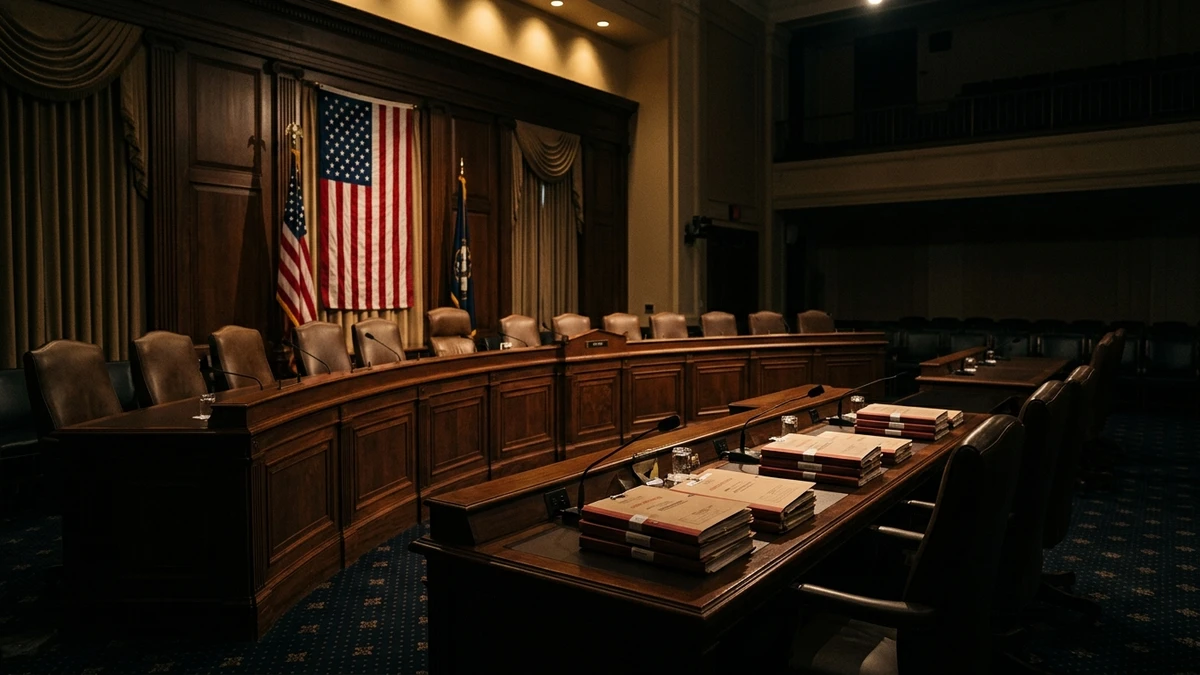 Empty congressional hearing room with dramatic overhead lighting and classified folders on the dais