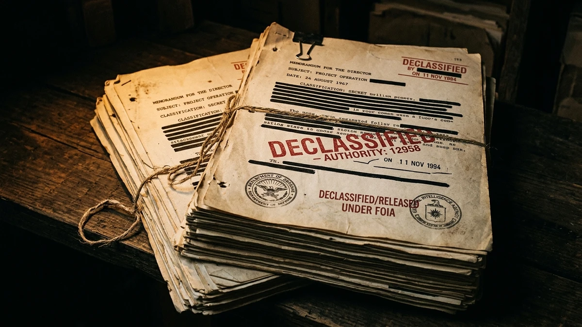 Stack of declassified government UAP documents with redaction stamps