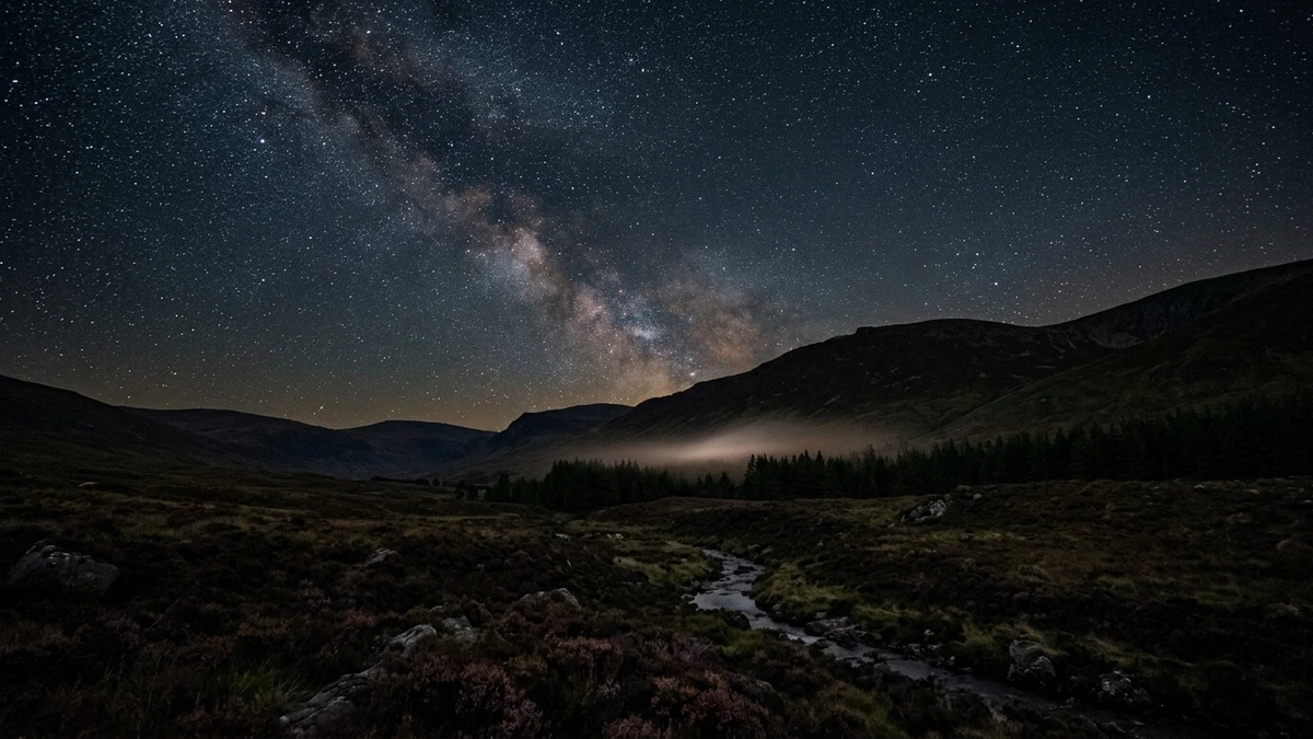 A remote Scottish highland landscape at night with dramatic dark skies and a faint glowing light above the treeline, evoking the mystery of the 1990 Calvine incident