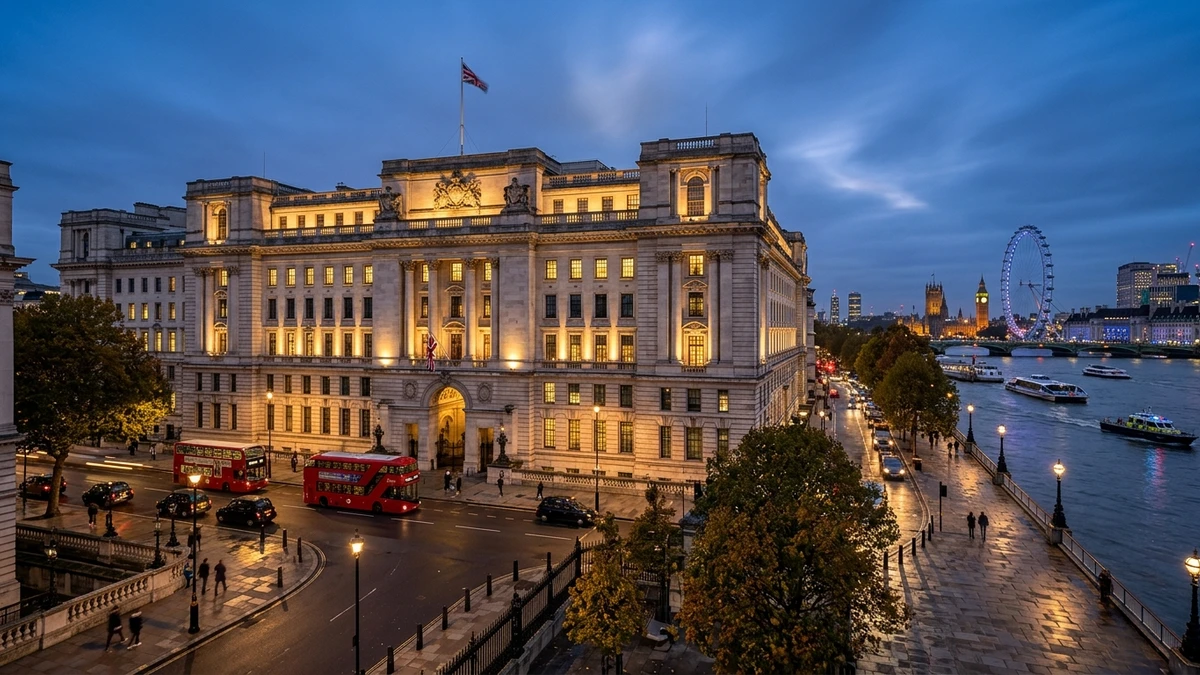 The Ministry of Defence building in London at dusk, with light reflecting on the Thames