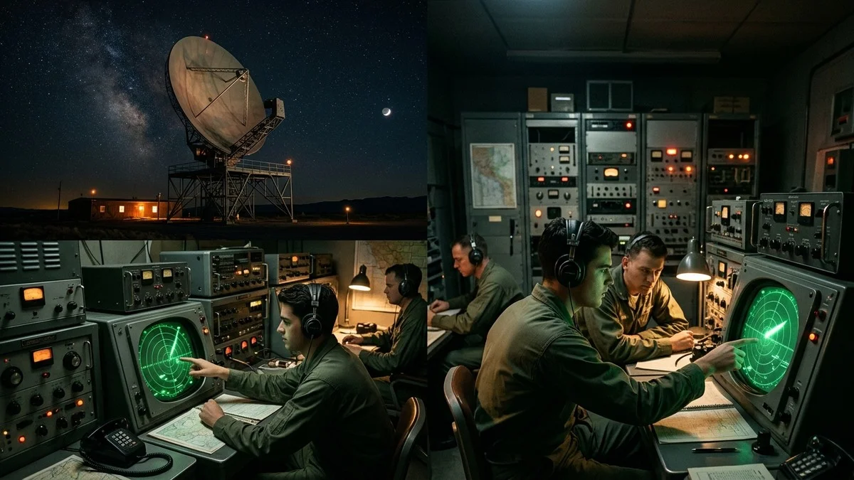 1950s era Air Defense Command radar operations room with operators tracking contacts on a large circular radar scope — similar to the Duncanville, Texas ADC station that tracked the RB-47 UFO contact in July 1957