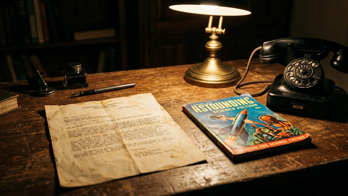 A typewritten 1948 military letter on a desk beside a pulp science fiction magazine
