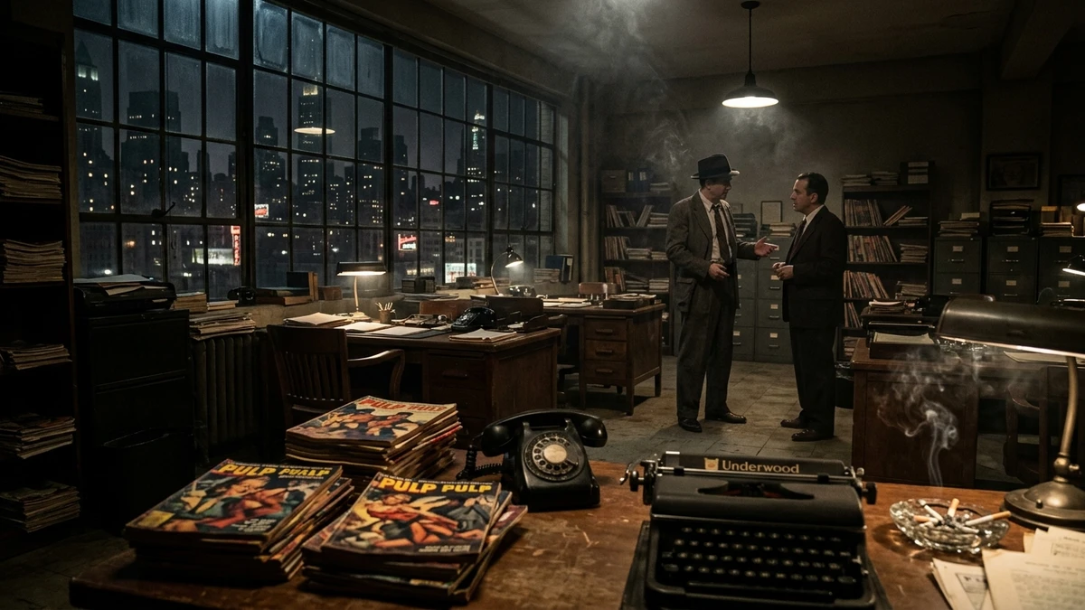 A 1940s American newsstand with pulp magazines on display under warm lamplight
