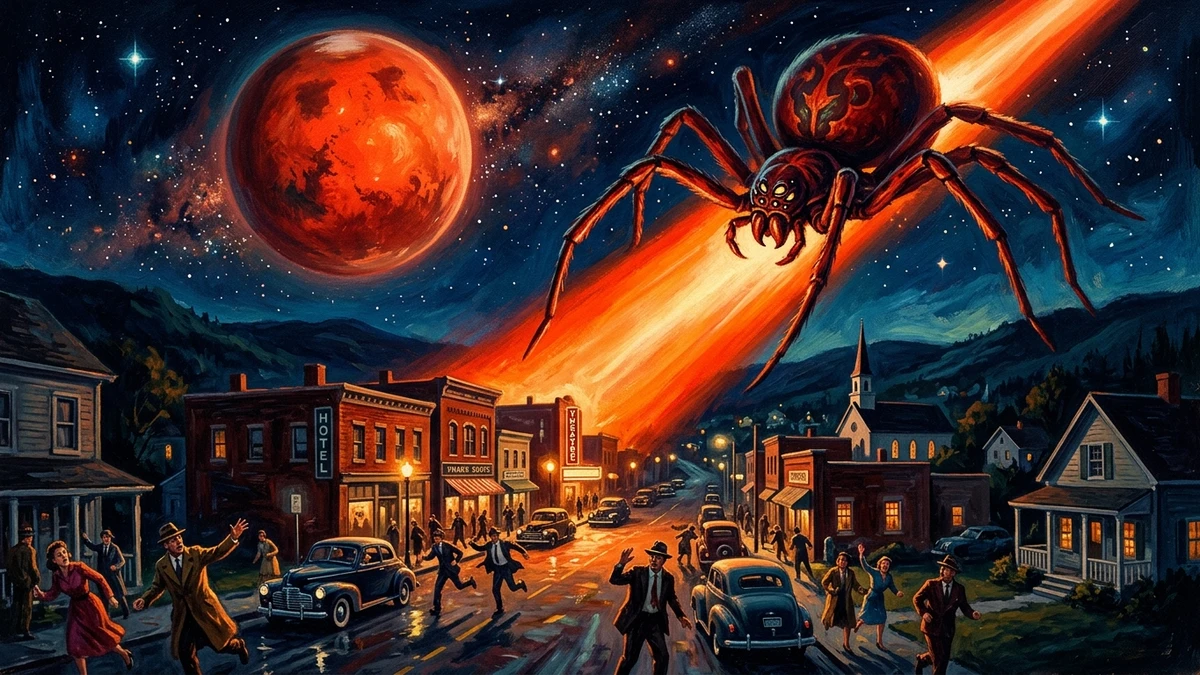 A vintage pulp magazine style illustration of a giant red spider descending from a starry sky toward a 1940s town