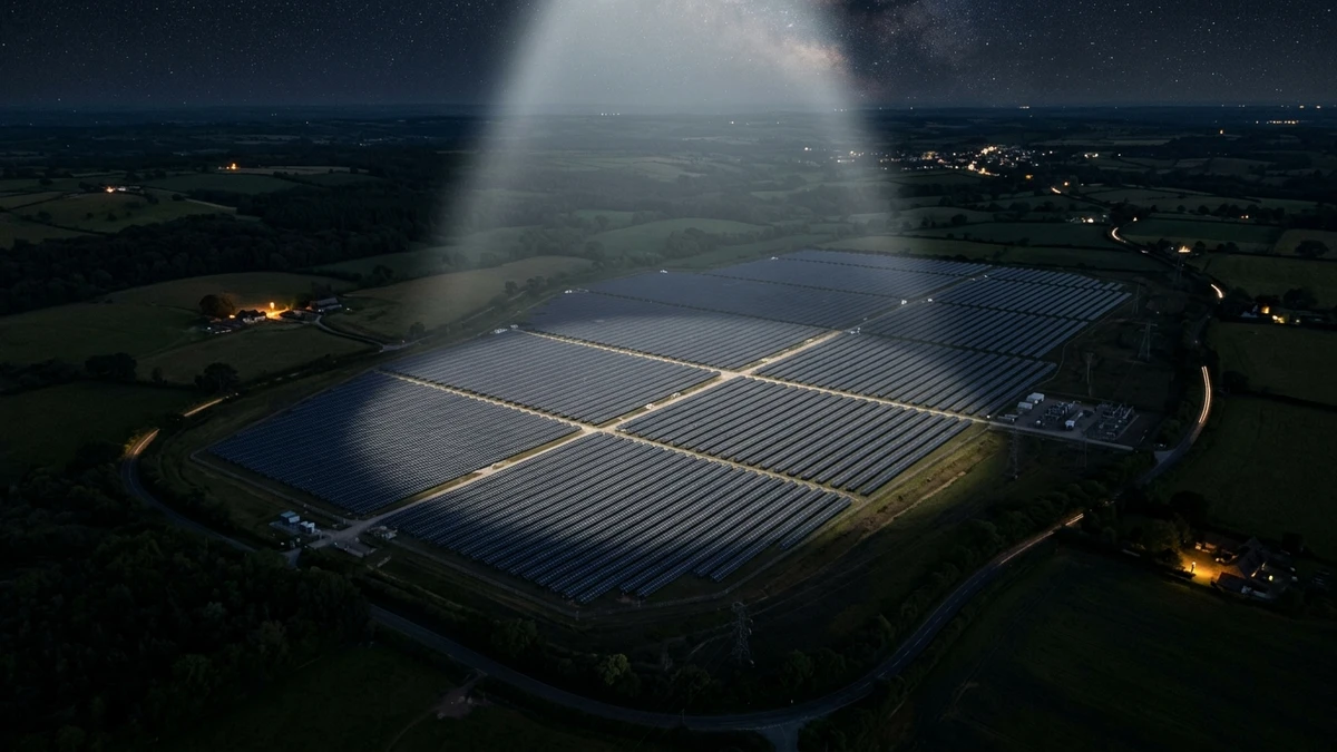 A large solar farm glowing under a soft spotlight of reflected sunlight at night, seen from high above, surrounded by dark countryside