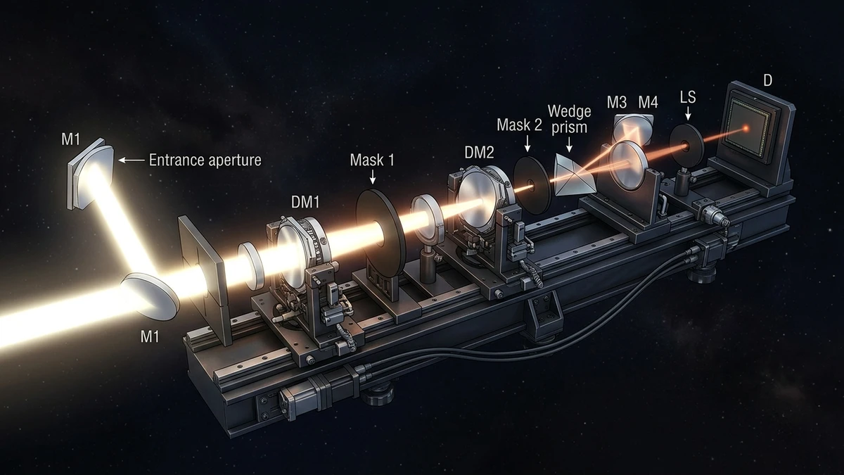 Illustration of the Roman Coronagraph Instrument's optical bench with masks and mirrors guiding a beam of starlight